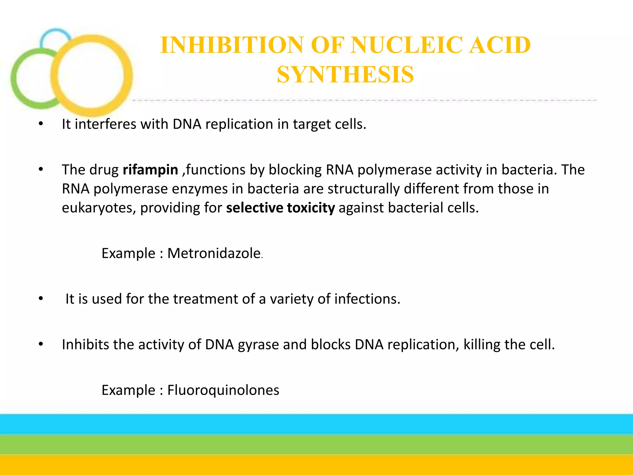 INHIBITION OF NUCLEIC ACID
SYNTHESIS
• It interferes with DNA replication in target cells.
• The drug rifampin ,functions by blocking RNA polymerase activity in bacteria. The
RNA polymerase enzymes in bacteria are structurally different from those in
eukaryotes, providing for selective toxicity against bacterial cells.
Example : Metronidazole.
• It is used for the treatment of a variety of infections.
• Inhibits the activity of DNA gyrase and blocks DNA replication, killing the cell.
Example : Fluoroquinolones
 