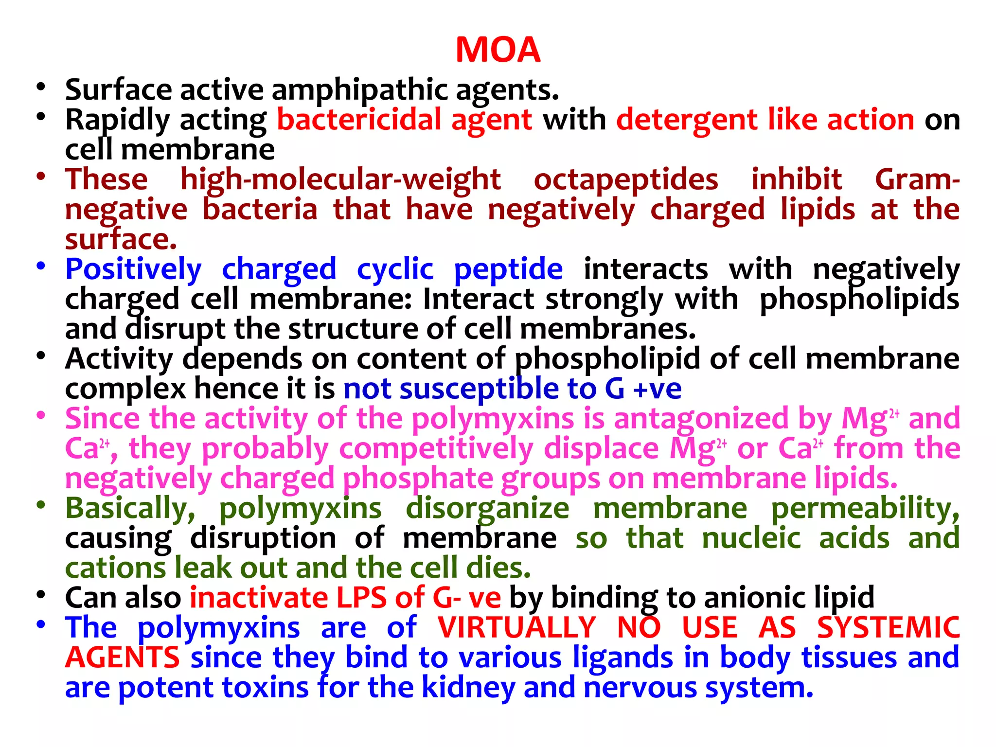 MOA
• Surface active amphipathic agents.
• Rapidly acting bactericidal agent with detergent like action on
cell membrane
• These high-molecular-weight octapeptides inhibit Gram-
negative bacteria that have negatively charged lipids at the
surface.
• Positively charged cyclic peptide interacts with negatively
charged cell membrane: Interact strongly with phospholipids
and disrupt the structure of cell membranes.
• Activity depends on content of phospholipid of cell membrane
complex hence it is not susceptible to G +ve
• Since the activity of the polymyxins is antagonized by Mg2+
and
Ca2+
, they probably competitively displace Mg2+
or Ca2+
from the
negatively charged phosphate groups on membrane lipids.
• Basically, polymyxins disorganize membrane permeability,
causing disruption of membrane so that nucleic acids and
cations leak out and the cell dies.
• Can also inactivate LPS of G- ve by binding to anionic lipid
• The polymyxins are of VIRTUALLY NO USE AS SYSTEMIC
AGENTS since they bind to various ligands in body tissues and
are potent toxins for the kidney and nervous system.
 