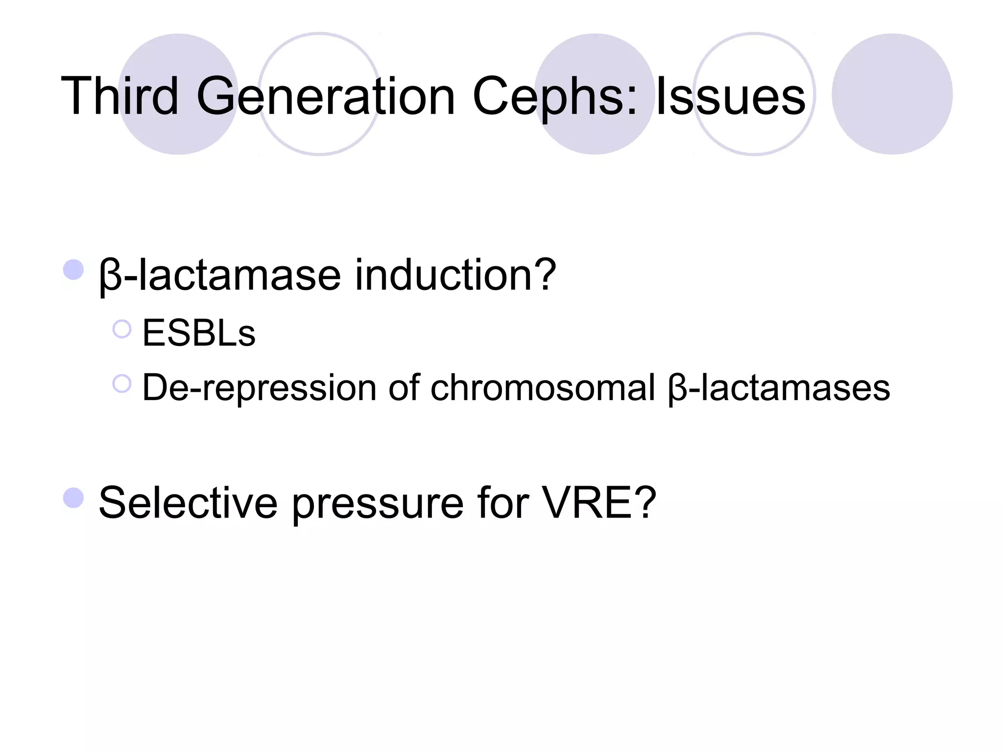 Third Generation Cephs: Issues


 β-lactamase   induction?
   ESBLs

   De-repression   of chromosomal β-lactamases

 Selective   pressure for VRE?
 