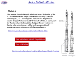 14
SOLO Anti – Ballistic Missiles
http://www.globalsecurity.org/wmd/world/iran/images/shahab-4-vick1.jpg
Shahab-4
The Iranian Shahab-4 missile is believed to be a derivation of the
1,350-1,600 kilometer range North Korean No-dong -A missile
delivering a 1,158 - 550 kilograms warhead and the follow on
Taep’o-dong-1/Paekdosan-1 (TD-1) launch vehicle. In recent years
the Iranian’s have indicated that the Space booster varient was
having solid motor boosters added to the design originally
considered among other unspecified design changes.
http://www.globalsecurity.org/wmd/world/iran/shahab-4.htm
Iran's Ballistic Missile Capabilities
Iran - Missiles
 