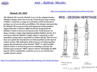 15
SOLO Anti – Ballistic Missiles
http://www.globalsecurity.org/wmd/world/iran/images/iris-design-heritage.jpg
Shahab-3D, IRIS
http://www.globalsecurity.org/wmd/world/iran/iris.htm
The Shahab-3D is not the Shahab-3 nor is it the original Iranian
Shahab-4 design, better known as the North Korean Taep’o-dong-
1/NKSL-1 which has a range of 1,240 miles (1,995.16 km) but is
perhaps one of several other possibilities. The Iranian statement that
the Shahab-3D was powered by both liquid and solid propellant
suggest that this is indeed a different missile design from the
Shahab-3 which is known to be based on the North Korean No-
dong-A design a single stage liquid propellant ballistic missile. It is
also known that the Shahab-3 single engine is started by a solid
propellant cartage that is expended ever before lift off. This however
does not explain the introduction of solid propellant on this launch
vehicle variant. This indication of the presence of solid propellant
suggest the introduction of the Iranian “IRIS” so called satellite
launch vehicle or at least its precursor sounding rocket for the
Iranian space program “IRIS” launch vehicle. Potentially the IRIS
launch vehicle combination could also serve as an (ASAT) anti-
satellite launch vehicle.
 