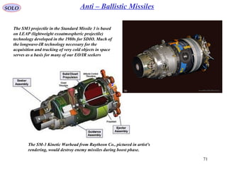 71
SOLO Anti – Ballistic Missiles
The SM-3 Kinetic Warhead from Raytheon Co., pictured in artist's
rendering, would destroy enemy missiles during boost phase.
The SM3 projectile in the Standard Missile 3 is based
on LEAP (lightweight exoatmospheric projectile)
technology developed in the 1980s for SDIO. Much of
the longwave-IR technology necessary for the
acquisition and tracking of very cold objects in space
serves as a basis for many of our EO/IR seekers
 