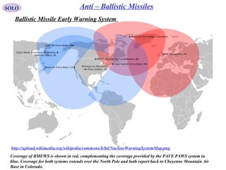 85
SOLO Anti – Ballistic Missiles
http://upload.wikimedia.org/wikipedia/commons/b/bd/NuclearWarningSystemMap.png
Ballistic Missile Early Warning System
Coverage of BMEWS is shown in red, complementing the coverage provided by the PAVE PAWS system in
blue. Coverage for both systems extends over the North Pole and both report back to Cheyenne Mountain Air
Base in Colorado.
 
