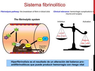 3
uPA
PAI-1
tPA
Plasmin
α2-AP
Sistema fibrinolítico
Inhibition Activation
Fibrinolysis pathway: the breakdown of fibrin in blood clots Clinical relevance: hemorrhagic complications in
trauma and surgery
Hiperfibrinolisis es el resultado de un alteración del balance pro-
antifibrinolíticos que puede producir hemorragia con riesgo vital
TAFI
The fibrinolytic system
 