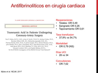 Reoperaciones
• Totales: OR 0,49
• Sangrado OR 0,26
• Taponamiento OR 0,61
Tasa transfusion
• 37,9% vs 54,7%
Mortalidad
• OR 0,79 (NS)
Días UCI
• 28 vs 34
Convulsiones
• OR 7,62
Myles et al. NEJM, 2017
Antifibrinolíticos en cirugía cardiaca
 