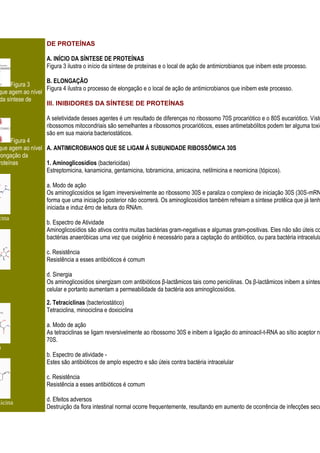 DE PROTEÍNAS

                    A. INÍCIO DA SÍNTESE DE PROTEÍNAS
                    Figura 3 ilustra o início da síntese de proteínas e o local de ação de antimicrobianos que inibem este processo.

                   B. ELONGAÇÃO
      Figura 3
                   Figura 4 ilustra o processo de elongação e o local de ação de antimicrobianos que inibem este processo.
 que agem ao nível
 da síntese de
                   III. INIBIDORES DA SÍNTESE DE PROTEÍNAS

                    A seletividade desses agentes é um resultado de diferenças no ribossomo 70S procariótico e o 80S eucariótico. Visto
                    ribossomos mitocondriais são semelhantes a ribossomos procarióticos, esses antimetabólitos podem ter alguma toxic
                    são em sua maioria bacteriostáticos.
      Figura 4
 que agem ao nível A. ANTIMICROBIANOS QUE SE LIGAM À SUBUNIDADE RIBOSSÔMICA 30S
 longação da
 roteínas          1. Aminoglicosídios (bactericidas)
                   Estreptomicina, kanamicina, gentamicina, tobramicina, amicacina, netilmicina e neomicina (tópicos).

                    a. Modo de ação
                    Os aminoglicosídios se ligam irreversivelmente ao ribossomo 30S e paraliza o complexo de iniciação 30S (30S-mRN
                    forma que uma iniciação posterior não ocorrerá. Os aminoglicosídios também refreiam a síntese protêica que já tenh
                    iniciada e induz êrro de leitura do RNAm.
cina
                    b. Espectro de Atividade
                    Aminoglicosídios são ativos contra muitas bactérias gram-negativas e algumas gram-positivas. Eles não são úteis co
                    bactérias anaeróbicas uma vez que oxigênio é necessário para a captação do antibiótico, ou para bactéria intracelula

                    c. Resistência
                    Resistência a esses antibióticos é comum

                    d. Sinergia
                    Os aminoglicosídios sinergizam com antibióticos β-lactâmicos tais como penicilinas. Os β-lactâmicos inibem a síntese
                    celular e portanto aumentam a permeabilidade da bactéria aos aminoglicosídios.

                    2. Tetraciclinas (bacteriostático)
                    Tetraciclina, minociclina e doxiciclina

                    a. Modo de ação
                    As tetraciclinas se ligam reversivelmente ao ribossomo 30S e inibem a ligação do aminoacil-t-RNA ao sítio aceptor no
                    70S.
a
                    b. Espectro de atividade -
                    Estes são antibióticos de amplo espectro e são úteis contra bactéria intracelular

                    c. Resistência
                    Resistência a esses antibióticos é comum

micina              d. Efeitos adversos
                    Destruição da flora intestinal normal ocorre frequentemente, resultando em aumento de ocorrência de infecções secu
 