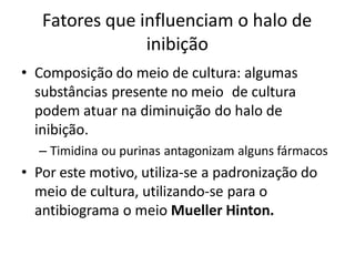 Fatores que influenciam o halo de
inibição
• Composição do meio de cultura: algumas
substâncias presente no meio de cultura
podem atuar na diminuição do halo de
inibição.
– Timidina ou purinas antagonizam alguns fármacos
• Por este motivo, utiliza-se a padronização do
meio de cultura, utilizando-se para o
antibiograma o meio Mueller Hinton.
 