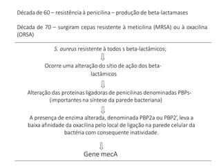 Década de 60 – resistência à penicilina – produção de beta-lactamases
Década de 70 – surgiram cepas resistente à meticilina (MRSA) ou à oxacilina
(ORSA)
S. aureus resistente à todos s beta-lactâmicos;
Ocorre uma alteração do sítio de ação dos beta-
lactâmicos
Alteração das proteínas ligadoras de penicilinas denominadas PBPs-
(importantes na síntese da parede bacteriana)
A presença de enzima alterada, denominada PBP2a ou PBP2’, leva a
baixa afinidade da oxacilina pelo local de ligação na parede celular da
bactéria com consequente inatividade.
Gene mecA
 