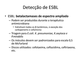 Detecção de ESBL
• ESBL: betalactamases de espectro ampliado
– Podem ser produzidas durante a terapêutica
antimicrobiana
• hidrolisam todos os β-lactâmicos, à exceção dos
carbapenems e cefamicina
– Triagem para E.coli. K. pneumoniae, K.oxytoca e
P.mirabilis
– Os inóculos devem ser padronizados para escala 0,5
de McFarland
– Discos utilizados: cefotaxima, ceftazidima, ceftriaxona,
etc.
 