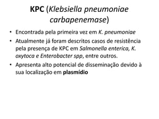 KPC (Klebsiella pneumoniae
carbapenemase)
• Encontrada pela primeira vez em K. pneumoniae
• Atualmente já foram descritos casos de resistência
pela presença de KPC em Salmonella enterica, K.
oxytoca e Enterobacter spp, entre outros.
• Apresenta alto potencial de disseminação devido à
sua localização em plasmídio
 