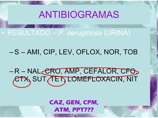 ANTIBIOGRAMAS RESULTADO –  P. aeruginosa  (URINA) S – AMI, CIP, LEV, OFLOX, NOR, TOB R – NAL, CRO, AMP, CEFALOR, CFO, CTX, SUT, TET, LOMEFLOXACIN, NIT CAZ, GEN, CPM, ATM, PPT??? 