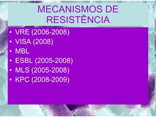 MECANISMOS DE RESISTÊNCIA VRE (2006-2008) VISA (2008) MBL ESBL (2005-2008) MLS (2005-2008) KPC (2008-2009) 