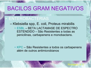 BACILOS GRAM NEGATIVOS ENTEROBACTÉRIAS Klebsiella spp, E. coli, Proteus mirabilis ESBL  – BETA LACTAMASE DE ESPECTRO ESTENDIDO – São Resistentes a todas as penicilinas, carbapenens e monobactans. KPC  – São Resistentes a todos os carbapenens além de outros antimicrobianos Rodrigues, A. C. 