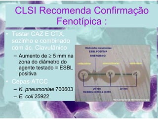 CLSI Recomenda Confirmação Fenotípica : Testar CAZ E CTX, sozinho e combinado com ác. Clavulânico Aumento de    5 mm na zona do diâmetro do agente testado = ESBL positiva Cepas ATCC K. pneumoniae  700603 E. coli  25922 