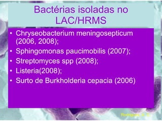 Bactérias isoladas no LAC/HRMS Chryseobacterium meningosepticum (2006, 2008); Sphingomonas paucimobilis (2007); Streptomyces spp (2008); Listeria(2008); Surto de Burkholderia cepacia (2006) Rodrigues, A. C. 