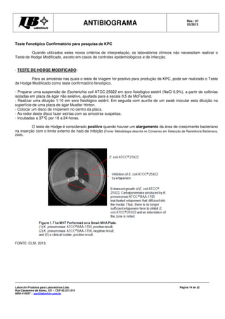 ANTIBIOGRAMA Rev.: 07
03/2013
Laborclin Produtos para Laboratórios Ltda.
Rua Cassemiro de Abreu, 521 – CEP 83.321-210
0800-410027 – sac@laborlcin.com.br
Página 14 de 32
Teste Fenotípico Confirmatório para pesquisa de KPC
Quando utilizados estes novos critérios de interpretação, os laboratórios clínicos não necessitam realizar o
Teste de Hodge Modificado, exceto em casos de controles epidemiológicos e de infecção.
- TESTE DE HODGE MODIFICADO:
Para as amostras nas quais o teste de triagem for positivo para produção de KPC, pode ser realizado o Teste
de Hodge Modificado como teste confirmatório fenotípico.
- Preparar uma suspensão de Escherichia coli ATCC 25922 em soro fisiológico estéril (NaCl 0,9%), a partir de colônias
isoladas em placa de ágar não seletivo, ajustada para a escala 0,5 de McFarland.
- Realizar uma diluição 1:10 em soro fisiológico estéril. Em seguida com auxílio de um swab inocular esta diluição na
superfície de uma placa de ágar Mueller Hinton.
- Colocar um disco de imipenem no centro da placa.
- Ao redor deste disco fazer estrias com as amostras suspeitas.
- Incubadas a 37°C por 18 a 24 horas.
O teste de Hodge é considerado positivo quando houver um alargamento da área de crescimento bacteriano
na inserção com o limite externo do halo de inibição (Fonte: Metodologia descrita no Consenso em Detecção de Resistência Bacteriana,
2008).
FONTE: CLSI, 2013.
 