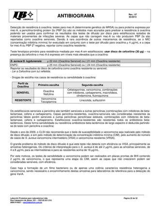 ANTIBIOGRAMA Rev.: 07
03/2013
Laborclin Produtos para Laboratórios Ltda.
Rua Cassemiro de Abreu, 521 – CEP 83.321-210
0800-410027 – sac@laborlcin.com.br
Página 22 de 32
Detecção de resistência à oxacilina: testes para mec-A (determinante genético do MRSA) ou para proteína expressa por
mec-A, a penicilina-binding protein 2a (PBP 2a) são os métodos mais acurados para predizer a resistência à oxacilina
podendo ser usados para confirmar os resultados dos testes de difusão por disco para estafilococos isolados de
materiais provenientes de infecções severas. As cepas que não carregam mec-A ou não produzem PBP 2a são
reportadas como oxacilina sensíveis. Devido à rara ocorrência de outros mecanismos de resistência, se o MIC
(concentração inibitória mínima) for executado em conjunto com o teste por difusão para oxacilina µ 4 µg/mL e a cepa
for mec-A ou PBP 2
a
negativa, reportar como oxacilina resistente;
Teste fenotípico primário para resistência mediada por mec-A em estafilococos: usar disco de cefoxitina (30 µg) – na
presença da cefoxitina o mec-A é expresso em níveis mais elevados que a oxacilina:
S. aureus/S. lugdunensis: µ 22 mm (Oxacilina Sensível) ou [ 21 mm (Oxacilina resistente)
ENPC: µ 25 mm (Oxacilina Sensível) ou [ 24 mm (Oxacilina resistente)
Reportar os resultados do disco de cefoxitina como oxacilina resistente ou sensível;
- Ler a Cefoxitina com luz refletida;
- Drogas de escolha nos casos de resistência ou sensibilidade à oxacilina:
Perfil da
Oxacilina
Primeira escolha Segunda escolha
SENSÍVEL
Oxacilina
Nafcilina
Cefalosporinas, vancomicina, combinações
com inibidores, carbapenems, macrolídeos,
clindamicina, fluoroquinona
RESISTENTE
Vancomicina
Teicoplamina
Linezolida, sulfazotrim
Os estafilococos sensíveis a penicilina são também sensíveis a outras penicilinas (combinações com inibidores de beta-
lactamase, cefens e carbapenems. Cepas penicilina-resistentes, oxacilina-sensíveis são consideradas resistentes às
penicilinas lábeis porém sensíveis a outras penicilinas penicilinase estáveis, combinações com inibidores de beta-
lactamase, cefens e carbapenems. Estafilococos oxacilina-resistentes são resistentes todos os antibióticos beta-
lactâmicos. Desta forma sensibilidade ou resistência antibióticos beta-lactâmicos de largo espectro é deduzida partindo-
se do teste com penicilina e oxacilina;
Desde o ano de 2009, o CLSI não recomenda que o teste de susceptibilidade a vancomicina seja realizado pelo método
de disco difusão, e sim pelo método de determinação da concentração inibitória mínima (CIM), pelo aumento do número
de casos de S. aureus vancomicina intermediário (VISA) e vancomicina resistente (VRSA).
O grande problema do método de disco difusão é que este teste não detecta com eficiência os VISA, principalmente as
amostras heterogenias. Os critérios de interpretação para o S. aureus é de até 2 µg/mL para as amostras sensíveis, de
4 a 8 µg/mL para as intermediárias e para as resistentes acima de 16 µg/mL.
Por este motivos, os testes de sensibilidade a vancomicina podem ser realizados em placas prontas de BHI contendo
2 µg/mL de vancomicina, o que representa uma etapa do CIM, assim as cepas que não crescerem podem ser
consideradas sensíveis, com eficiência.
Caso haja a formação de um filme bacteriano ou de apenas uma colônia caracteriza resistência heterogenia a
vancomicina, sendo necessário o encaminhamento destas amostras para laboratórios de referência para a detecção do
gene VanA.
 