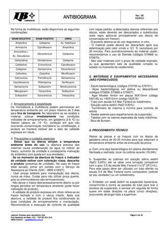 ANTIBIOGRAMA
ANTIBIOGRAMA
ANTIBIOGRAMA
ANTIBIOGRAMA Rev.: 0
Rev.: 0
Rev.: 0
Rev.: 06
6
6
6
0
0
0
03
3
3
3/201
/201
/201
/2012
2
2
2
Laborclin Produtos para Laboratórios Ltda.
Laborclin Produtos para Laboratórios Ltda.
Laborclin Produtos para Laboratórios Ltda.
Laborclin Produtos para Laboratórios Ltda.
Rua Cassemiro de Abreu, 521
Rua Cassemiro de Abreu, 521
Rua Cassemiro de Abreu, 521
Rua Cassemiro de Abreu, 521 –
–
–
– CEP 83.321
CEP 83.321
CEP 83.321
CEP 83.321-
-
-
-210
210
210
210
0800
0800
0800
0800-
-
-
-410027
410027
410027
410027 –
–
–
– sac@laborlcin.com.br
sac@laborlcin.com.br
sac@laborlcin.com.br
sac@laborlcin.com.br
Página
Página
Página
Página 3
3
3
3 de
de
de
de 32
32
32
32
Na forma de multidiscos, estão disponíveis as seguintes
combinações:
GRAM NEGATIVO GRAM POSITIVO URINA
Ampicilina Cefepime Ac. Nalidíxico
Amicacina Ciprofloxacin Ampicilina
Amoxicilina +
Ac. Clavulânico
Cloranfenicol Cefalotina
Ceftazidima Clindamicina Cefepime
Cefalotina Eritromicina Ciprofloxacin
Cefepime Gentamicina Cloranfenicol
Cefoxitina Oxacilina Moxifloxacin
Cefuroxima Penicilina-G Gentamicina
Ciprofloxacina Rifampicina Norfloxacin
Gentamicina Sulfazotrim Nitrofurantoína
Meropenem Tetraciclina Sulfazotrim
Sulfazotrim Vancomicina Tetraciclina
c- Armazenamento e estabilidade
Os monodiscos e multidiscos podem permanecer em
temperatura ambiente por um prazo máximo de 3 dias
para fins de transporte. No laboratório ao se receber o
material, colocar imediatamente nas condições
indicadas de armazenamento, em geladeira (2-8 °C) ou
freezer (abaixo de -10 °C), condição em que não
ocorrendo contaminação microbiana ou umidificação, o
produto se manterá estável até a data de validade
expressa em rótulo.
d- Precauções e cuidados especiais
- Deixar que os discos atinjam a temperatura
ambiente antes do uso (a abertura precoce dos
mesmos causa condensação de água no interior do
frasco, aumento da umidade e conseqüente inativação
do antibiótico com queda em sua atividade);
- Se no momento da abertura do frasco o indicador
de umidade estiver com coloração rósea, descartar
o produto (presença de umidade). No caso do frasco
estar lacrado, entrar em contato com o Serviço de
Assessoria ao Cliente (SAC - 0800 410027);
- Usar pinças estéreis para manipulação dos discos,
nunca as mãos. Cuidar para não utilizar pinça quente,
pois os antimicrobianos são termosensíveis;
- Não deixar o frasco desnecessariamente aberto ou por
longos períodos em temperatura ambiente (pode haver
inativação do produto);
- A validade do produto expressa em rótulo refere-se ao
frasco fechado e com o vácuo intacto. Após sua
abertura, a validade do produto fica condicionada às
boas condições de armazenamento e manipulação.
Recomenda-se a execução do controle de qualidade
com cepas padrão, e detectados desvios referentes aos
discos, estes deverão ser descartados e substituídos
(esta regra aplica-se principalmente aos discos de
conservação em freezer).
- O produto destina-se ao uso diagnóstico in vitro;
- O material usado deverá ser descartado após sua
esterilização pelo calor úmido a 121 °
C (autoclave) por
20 minutos. Para acondicionamento do material usado,
recomendamos o uso do Detrilab (códigos 570668 ou
570670);
- Não usar materiais com o prazo de validade expirado,
ou que apresentem selo de qualidade rompido ou
violado no momento do recebimento.
5. MATERIAIS E EQUIPAMENTOS NECESSÁRIOS
(NÃO FORNECxIDOS)
- Estufa bacteriológica (códigos 570700 ou 570701);
- Alças bacteriológicas em platina ou descartáveis
(códigos 570659, 570660 e 570657);
- Agar Mueller Hinton em placas 90X15mm (código
540145) ou 140X15mm (código 542518);
- Tubo com escala 0,5 Mac Farland ou tubidímetro;
- Solução salina estéril (NaCl 0,85%);
- Termômetro de máxima e mínima para controle da
estufa;
- Swabs estéreis para espalhamento da suspensão;
- Tabelas com os valores esperados de halos inibitórios;
- Bico de Bunsen.
6. PROCEDIMENTO TÉCNICO
Retirar as placas e os frascos com os discos da
geladeira cerca de 20-30 minutos para que adquiram a
temperatura ambiente antes da execução da prova.
a- Com uma alça bacteriológica em platina devidamente
flambada e resfriada, tocar na colônia recente (18-24h);
b- Suspender as colônias em solução salina estéril
(NaCl 0,85%) até se obter uma turvação compatível
com o grau 0,5 da escala Mac Farland (1x10
6
UFC/mL).
Para este passo deve ser utilizado um tubo aferido na
escala 0,5 de Mac Farland como comparativo (solicite
ao seu vendedor) ou um turbidímetro.
c- Embeber um swab estéril na suspensão bacteriana,
comprimindo-o contra as paredes do tubo para tirar o
excesso da suspensão, e semear em seguida de forma
suave em todas direções na placa (cinco direções),
procurando abranger toda a superfície;
 