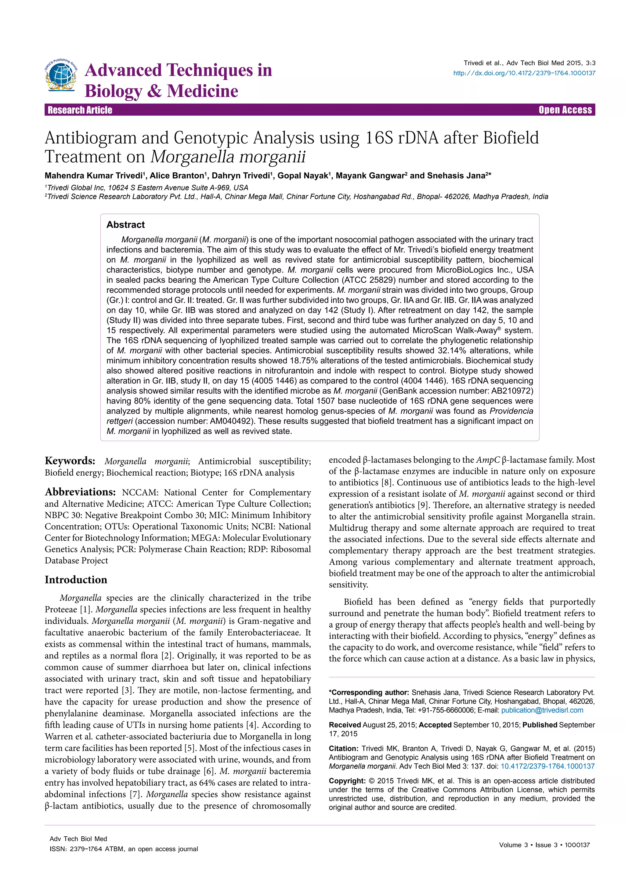 Antibiogram and Genotypic Analysis using 16S rDNA after Biofield ...