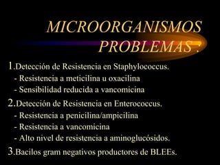 MICROORGANISMOS
               PROBLEMAS :
1.Detección de Resistencia en Staphylococcus.
 - Resistencia a meticilina u oxacilina
 - Sensibilidad reducida a vancomicina
2.Detección de Resistencia en Enterococcus.
 - Resistencia a penicilina/ampicilina
 - Resistencia a vancomicina
 - Alto nivel de resistencia a aminoglucósidos.
3.Bacilos gram negativos productores de BLEEs.
 