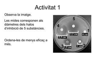 Activitat 1
Observa la imatge.
Les mides corresponen als
diàmetres dels halos
d’inhibició de 5 substàncies.
Ordena-les de menys eficaç a
més.
 