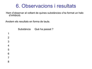 6. Observacions i resultats
Hem d’observar al voltant de quines substàncies s’ha format un halo
d’inhibició.
Anotem els resultats en forma de taula.
Substància Què ha passat ?
1
2
3
4
5
6
7
8
 