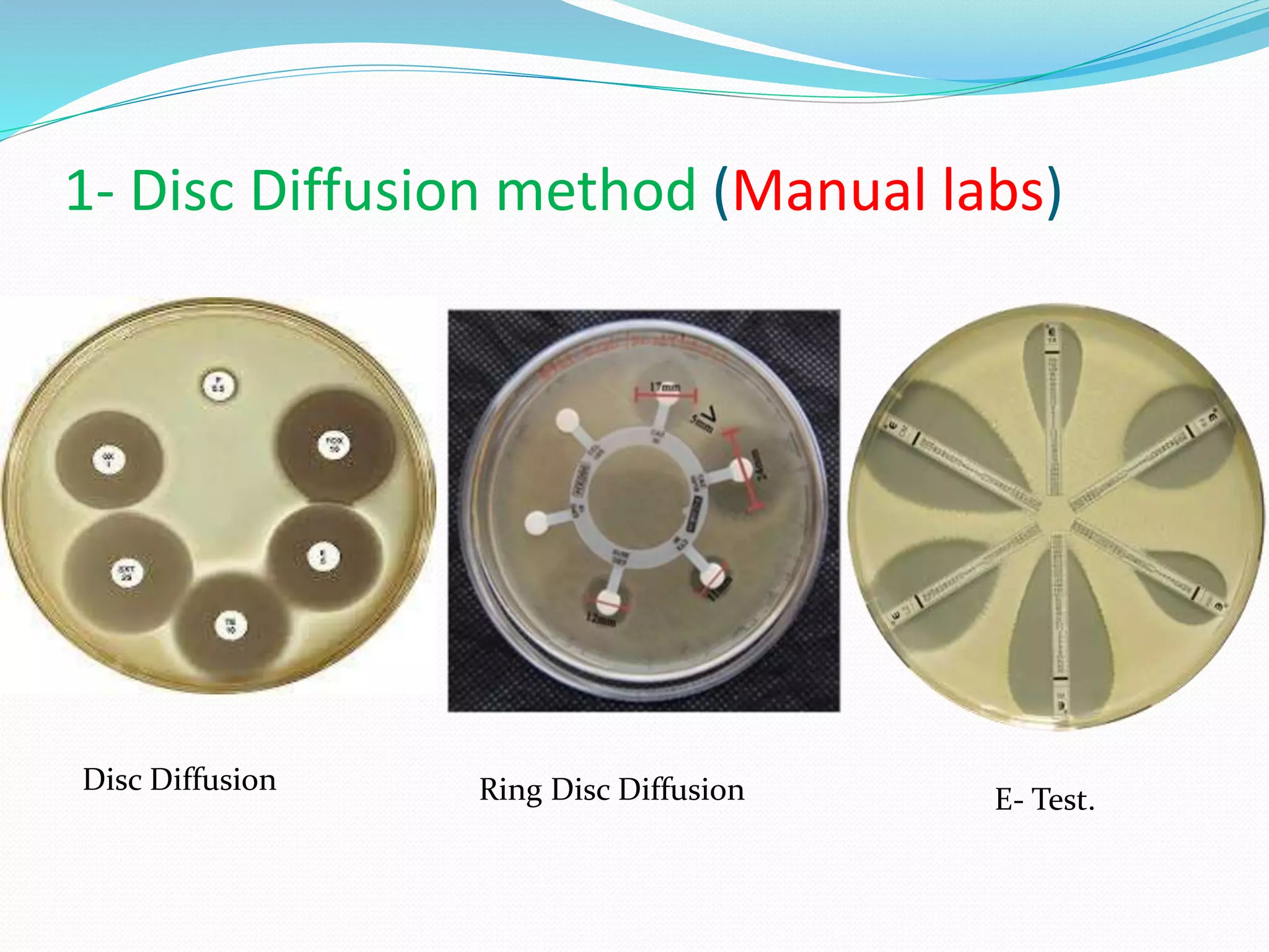 1- Disc Diffusion method (Manual labs)
Disc Diffusion Ring Disc Diffusion E- Test.
 