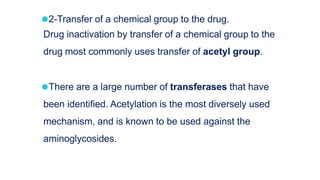 ⚫2-Transfer of a chemical group to the drug.
Drug inactivation by transfer of a chemical group to the
drug most commonly uses transfer of acetyl group.
⚫There are a large number of transferases that have
been identified. Acetylation is the most diversely used
mechanism, and is known to be used against the
aminoglycosides.
 
