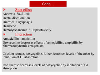 Cont. ..
 Side effect
Anorexia ‫فقدان‬‫الشهية‬
Dental discoloration
Diarrhea / Dysphagia
Headache
Hemolytic anemia / Hepatotoxicity
 Interaction
Amoxicillin ¸ ampicillin
Doxycycline decreases effects of amoxicillin , ampicillin by
pharmacodynamic antagonism.
Calcium acetate, doxycycline. Either decreases levels of the other by
inhibition of GI absorption.
Iron sucrose decreases levels of doxycycline by inhibition of GI
absorption.
 