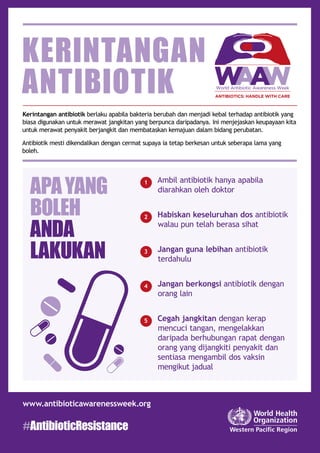 Kerintangan antibiotik berlaku apabila bakteria berubah dan menjadi kebal terhadap antibiotik yang
biasa digunakan untuk merawat jangkitan yang berpunca daripadanya. Ini menjejaskan keupayaan kita
untuk merawat penyakit berjangkit dan membataskan kemajuan dalam bidang perubatan.
Antibiotik mesti dikendalikan dengan cermat supaya ia tetap berkesan untuk seberapa lama yang
boleh.
KERINTANGAN
ANTIBIOTIK
#AntibioticResistance
APAYANG
BOLEH
ANDA
LAKUKAN
1 Ambil antibiotik hanya apabila
diarahkan oleh doktor
2 Habiskan keseluruhan dos antibiotik
walau pun telah berasa sihat
3 Jangan guna lebihan antibiotik
terdahulu
4 Jangan berkongsi antibiotik dengan
orang lain
5 Cegah jangkitan dengan kerap
mencuci tangan, mengelakkan
daripada berhubungan rapat dengan
orang yang dijangkiti penyakit dan
sentiasa mengambil dos vaksin
mengikut jadual
www.antibioticawarenessweek.org
 