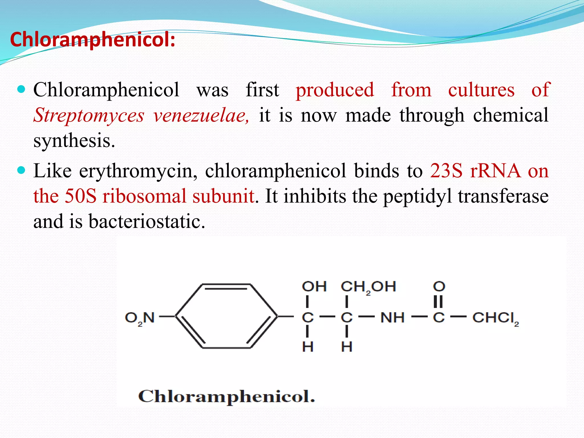 Chloramphenicol:
 Chloramphenicol was first produced from cultures of
Streptomyces venezuelae, it is now made through chemical
synthesis.
 Like erythromycin, chloramphenicol binds to 23S rRNA on
the 50S ribosomal subunit. It inhibits the peptidyl transferase
and is bacteriostatic.
 