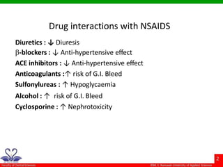 Diuretics : ↓ Diuresis
-blockers : ↓ Anti-hypertensive effect
ACE inhibitors : ↓ Anti-hypertensive effect
Anticoagulants :↑ risk of G.I. Bleed
Sulfonylureas : ↑ Hypoglycaemia
Alcohol : ↑ risk of G.I. Bleed
Cyclosporine : ↑ Nephrotoxicity
Drug interactions with NSAIDS
 