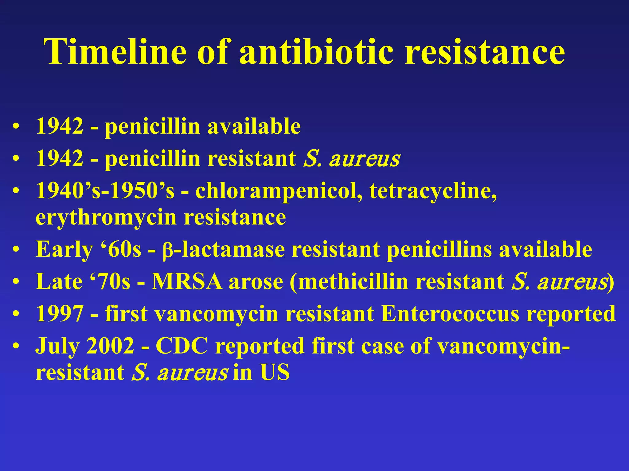 Timeline of antibiotic resistance
• 1942 - penicillin available
• 1942 - penicillin resistant S. aureus
• 1940’s-1950’s - chlorampenicol, tetracycline,
erythromycin resistance
• Early ‘60s - β-lactamase resistant penicillins available
• Late ‘70s - MRSA arose (methicillin resistant S. aureus)
• 1997 - first vancomycin resistant Enterococcus reported
• July 2002 - CDC reported first case of vancomycin-
resistant S. aureus in US
 