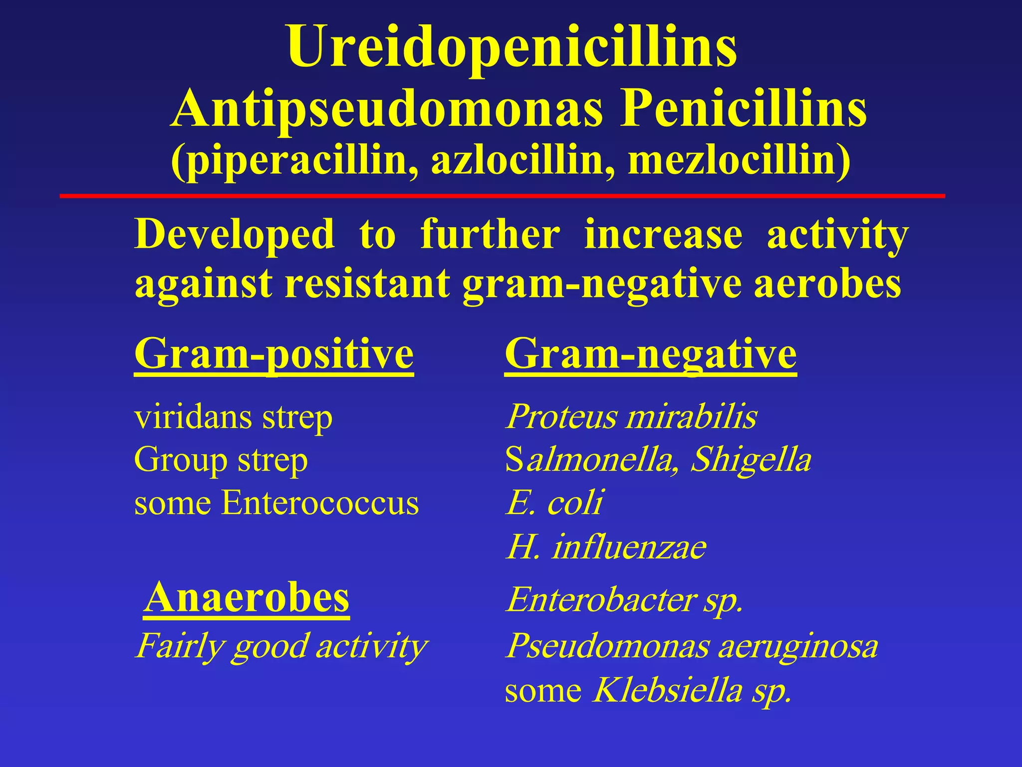 Ureidopenicillins
Antipseudomonas Penicillins
(piperacillin, azlocillin, mezlocillin)
Developed to further increase activity
against resistant gram-negative aerobes
Gram-positive Gram-negative
viridans strep Proteus mirabilis
Group strep Salmonella, Shigella
some Enterococcus E. coli
H. influenzae
Anaerobes Enterobacter sp.
Fairly good activity Pseudomonas aeruginosa
some Klebsiella sp.
 