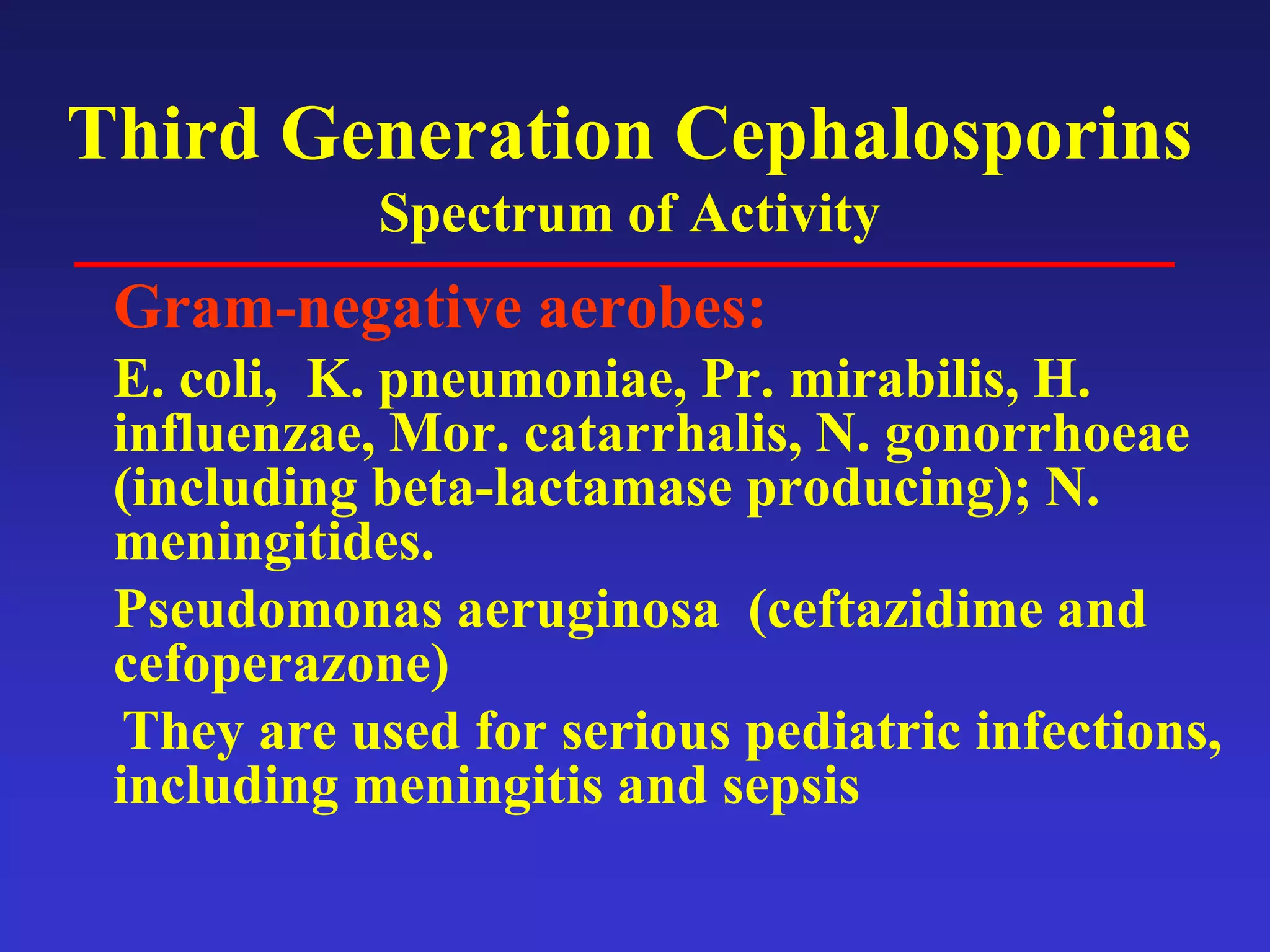 Third Generation Cephalosporins
Spectrum of Activity
Gram-negative aerobes:
E. coli, K. pneumoniae, Pr. mirabilis, H.
influenzae, Mor. catarrhalis, N. gonorrhoeae
(including beta-lactamase producing); N.
meningitides.
Pseudomonas aeruginosa (ceftazidime and
cefoperazone)
They are used for serious pediatric infections,
including meningitis and sepsis
 