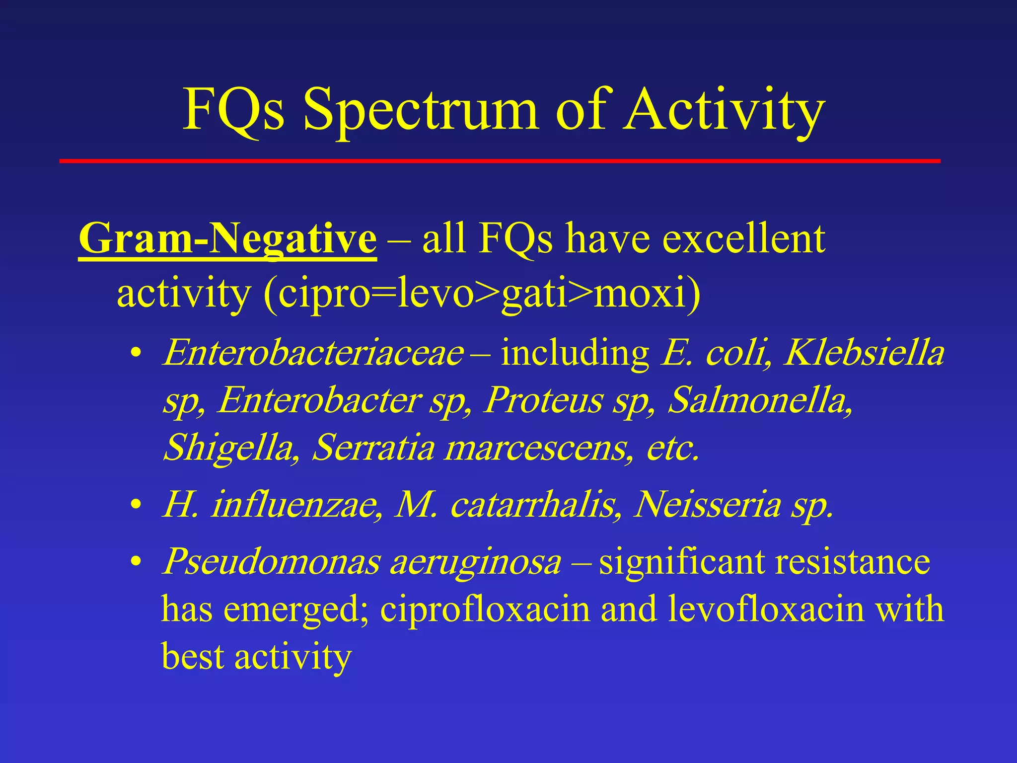FQs Spectrum of Activity
Gram-Negative – all FQs have excellent
activity (cipro=levo>gati>moxi)
• Enterobacteriaceae – including E. coli, Klebsiella
sp, Enterobacter sp, Proteus sp, Salmonella,
Shigella, Serratia marcescens, etc.
• H. influenzae, M. catarrhalis, Neisseria sp.
• Pseudomonas aeruginosa – significant resistance
has emerged; ciprofloxacin and levofloxacin with
best activity
 