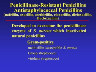 Penicillinase-Resistant Penicillins
Antistaphylococcal Penicillins
(nafcillin, oxacillin, methicillin, cloxacillin, dicloxacillin,
flucloxacillin)
Developed to overcome the penicillinase
enzyme of S. aureus which inactivated
natural penicillins
Gram-positive
methicillin-susceptible S. aureus
Group streptococci
viridans streptococci
 