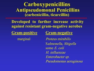 Carboxypenicillins
Antipseudomonal Penicillins
(carbenicillin, ticarcillin)
Developed to further increase activity
against resistant gram-negative aerobes
Gram-positive Gram-negative
marginal Proteus mirabilis
Salmonella, Shigella
some E. coli
H. influenzae
Enterobacter sp.
Pseudomonas aeruginosa
 
