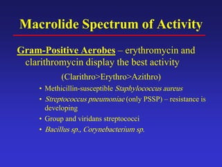 Macrolide Spectrum of Activity
Gram-Positive Aerobes – erythromycin and
clarithromycin display the best activity
(Clarithro>Erythro>Azithro)
• Methicillin-susceptible Staphylococcus aureus
• Streptococcus pneumoniae (only PSSP) – resistance is
developing
• Group and viridans streptococci
• Bacillus sp., Corynebacterium sp.
 