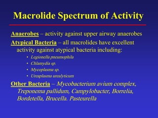Macrolide Spectrum of Activity
Anaerobes – activity against upper airway anaerobes
Atypical Bacteria – all macrolides have excellent
activity against atypical bacteria including:
• Legionella pneumophila
• Chlamydia sp.
• Mycoplasma sp.
• Ureaplasma urealyticum
Other Bacteria – Mycobacterium avium complex,
Treponema pallidum, Campylobacter, Borrelia,
Bordetella, Brucella. Pasteurella
 
