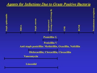 Agents for Infections Due to Gram Positive BacteriaStaph.epidermidis
MRSA
Staph.aureus
Streptococci
(GroupAandGroupB)
GNR
RGNR
Pseudomonasaeruginosa
Penicillin G
Penicillin V
Anti staph penicillin: Methicillin, Oxacillin, Nafcillin
Dicloxacillin, Cloxacillin, Cloxacillin
Vancomycin
Linezolid
 