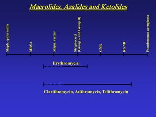 Macrolides, Azalides and KetolidesStaph.epidermidis
MRSA
Staph.aureus
Streptococci
(GroupAandGroupB)
GNR
RGNR
Pseudomonasaeruginosa
Erythromycin
Clarithromycin, Azithromycin, Telithromycin
 