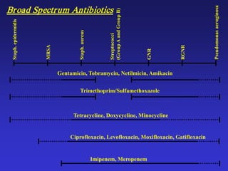 Broad Spectrum AntibioticsStaph.epidermidis
MRSA
Staph.aureus
Streptococci
(GroupAandGroupB)
GNR
RGNR
Pseudomonasaeruginosa
Ciprofloxacin, Levofloxacin, Moxifloxacin, Gatifloxacin
Tetracycline, Doxycycline, Minocycline
Gentamicin, Tobramycin, Netilmicin, Amikacin
Imipenem, Meropenem
Trimethoprim/Sulfamethoxazole
 