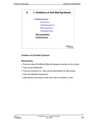 Customer Education Antibiotic Classification
19
© bioMérieux, Inc., Customer Education
March 2008
1. Inhibitors of Cell Wall Synthesis1. Inhibitors of Cell Wall Synthesis
Beta-lactams
Penicillins
Cephalosporins
Monobactams
Carbapenems
Glycopeptides
Fosfomycins
Inhibitors of Cell Wall Synthesis
Beta-lactams
• There are about 50 different Beta (ß)-lactams currently on the market
• They are all bactericidal
• They are non-toxic (i.e., they can be administered at high doses)
• They are relatively inexpensive
• Beta-lactams are organic acids and most are soluble in water
 