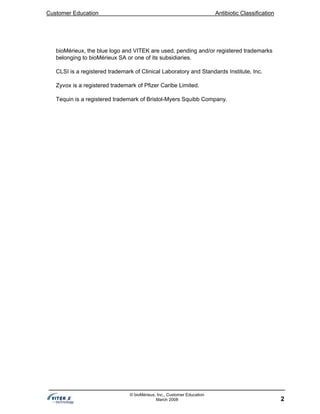 Customer Education Antibiotic Classification
2
© bioMérieux, Inc., Customer Education
March 2008
bioMérieux, the blue logo and VITEK are used, pending and/or registered trademarks
belonging to bioMérieux SA or one of its subsidiaries.
CLSI is a registered trademark of Clinical Laboratory and Standards Institute, Inc.
Zyvox is a registered trademark of Pfizer Caribe Limited.
Tequin is a registered trademark of Bristol-Myers Squibb Company.
 