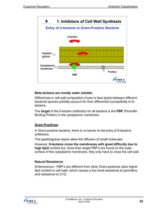 Customer Education Antibiotic Classification
35
© bioMérieux, Inc., Customer Education
March 2008
Entry of β-lactams in Gram-Positive Bacteria
Peptido -
glycan
Cytoplasmic
membrane
Protein
PBP
β-lactam
1. Inhibitors of Cell Wall Synthesis1. Inhibitors of Cell Wall Synthesis
Beta-lactams are mostly water soluble.
Differences in cell wall composition (more or less lipids) between different
bacterial species partially account for their differential susceptibility to ß-
lactams.
The target of the ß-lactam antibiotics for all bacteria is the PBP (Penicillin
Binding Protein) in the cytoplasmic membrane.
Gram-Positives:
In Gram-positive bacteria, there is no barrier to the entry of ß-lactams
antibiotics.
The peptidogylcan layers allow the diffusion of small molecules.
However, ß-lactams cross the membranes with great difficulty due to
high lipid content but, since their target PBP’s are found on the outer
surface of the cytoplasmic membrane, they only have to cross the cell wall.
Natural Resistance
Enterococcus - PBP’s are different from other Gram-positives (also higher
lipid content in cell wall), which causes a low level resistance to penicillins
and resistance to C1G.
 