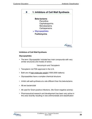 Customer Education Antibiotic Classification
39
© bioMérieux, Inc., Customer Education
March 2008
1. Inhibitors of Cell Wall Synthesis1. Inhibitors of Cell Wall Synthesis
Beta-lactams
Penicillins
Cephalosporins
Monobactams
Carbapenems
Glycopeptides
Fosfomycins
Inhibitors of Cell Wall Synthesis
Glycopeptides
• The term ‘Glycopeptide’ included two main compounds with very
similar structures and modes of action:
Vancomycin and Teicoplanin
• Teicoplanin not FDA approved in the U.S.
• Both are of high molecular weight (1500-2000 daltons)
• Glycopeptides have a complex chemical structure
• Inhibit cell wall synthesis at a site different than the beta-lactams
• All are bactericidal
• All used for Gram-positive infections. (No Gram-negative activity)
• Pharmaceutical research and development has been very active in
this area recently resulting in new antimicrobials and classification
 