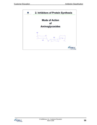 Customer Education Antibiotic Classification
50
© bioMérieux, Inc., Customer Education
March 2008
2. Inhibitors of Protein Synthesis2. Inhibitors of Protein Synthesis
O
O
O O
OH
OH
OH
Mode of ActionMode of Action
ofof
AminoglycosidesAminoglycosides
 