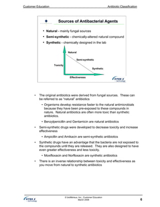 Customer Education Antibiotic Classification
6
© bioMérieux, Inc., Customer Education
March 2008
Sources of Antibacterial AgentsSources of Antibacterial Agents
• Natural - mainly fungal sources
• Semi-synthetic - chemically-altered natural compound
• Synthetic - chemically designed in the lab
Toxicity
Effectiveness
Natural
Semi-synthetic
Synthetic
• The original antibiotics were derived from fungal sources. These can
be referred to as “natural” antibiotics
• Organisms develop resistance faster to the natural antimicrobials
because they have been pre-exposed to these compounds in
nature. Natural antibiotics are often more toxic than synthetic
antibiotics.
• Benzylpenicillin and Gentamicin are natural antibiotics
• Semi-synthetic drugs were developed to decrease toxicity and increase
effectiveness
• Ampicillin and Amikacin are semi-synthetic antibiotics
• Synthetic drugs have an advantage that the bacteria are not exposed to
the compounds until they are released. They are also designed to have
even greater effectiveness and less toxicity.
• Moxifloxacin and Norfloxacin are synthetic antibiotics
• There is an inverse relationship between toxicity and effectiveness as
you move from natural to synthetic antibiotics
 