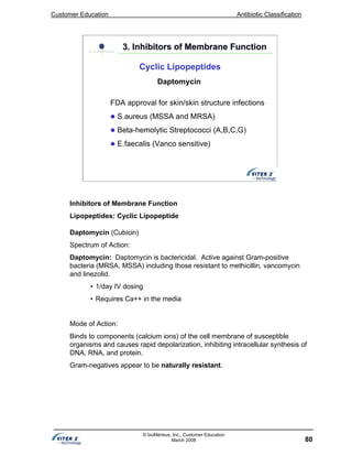 Customer Education Antibiotic Classification
80
© bioMérieux, Inc., Customer Education
March 2008
Daptomycin
FDA approval for skin/skin structure infections
S.aureus (MSSA and MRSA)
Beta-hemolytic Streptococci (A,B,C,G)
E.faecalis (Vanco sensitive)
Cyclic Lipopeptides
3. Inhibitors of Membrane Function3. Inhibitors of Membrane Function
Inhibitors of Membrane Function
Lipopeptides: Cyclic Lipopeptide
Daptomycin (Cubicin)
Spectrum of Action:
Daptomycin: Daptomycin is bactericidal. Active against Gram-positive
bacteria (MRSA, MSSA) including those resistant to methicillin, vancomycin
and linezolid.
• 1/day IV dosing
• Requires Ca++ in the media
Mode of Action:
Binds to components (calcium ions) of the cell membrane of susceptible
organisms and causes rapid depolarization, inhibiting intracellular synthesis of
DNA, RNA, and protein.
Gram-negatives appear to be naturally resistant.
 